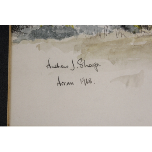 55 - Andrew J Sharp.<br />View of Arran.<br />Signed and inscribed and dated 1968, watercolour, 20.5cm x ...