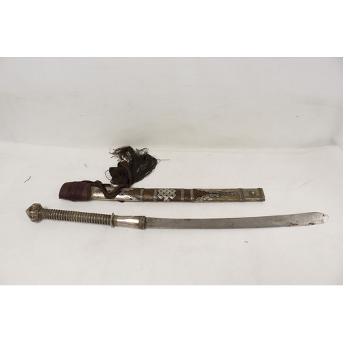 117 - Antique Burmese Dha sword with hallmarked silver and rosewood scabbard. Intricate wire wrapped ringe... 