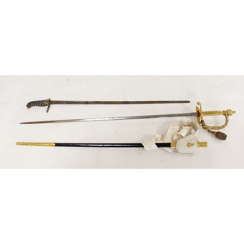 118 - Two rapier type swords one gilded ceremonial wire wrapped handled sword in black leather scabbard me... 