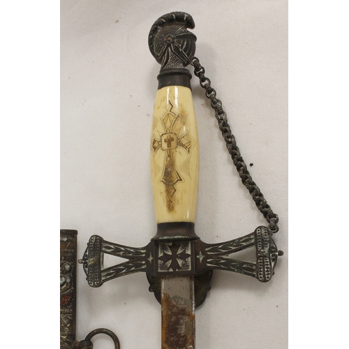 121 - Late Victorian ivory handled Masonic sword with acid etched blade in partially gilded and enamelled ... 