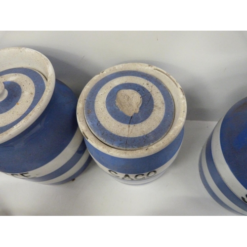 23 - Seven Cornish ware blue and white storage jars, some lids and a blue and white jug