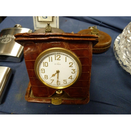 232 - 19th century cut glass water jug, a glass dish and two leather cased tape measures, a calendar and a... 