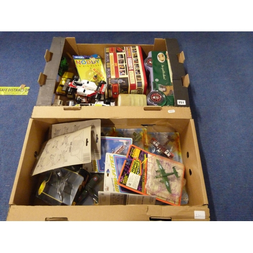 251 - Two boxes of various toys to include die cast racing vehicles