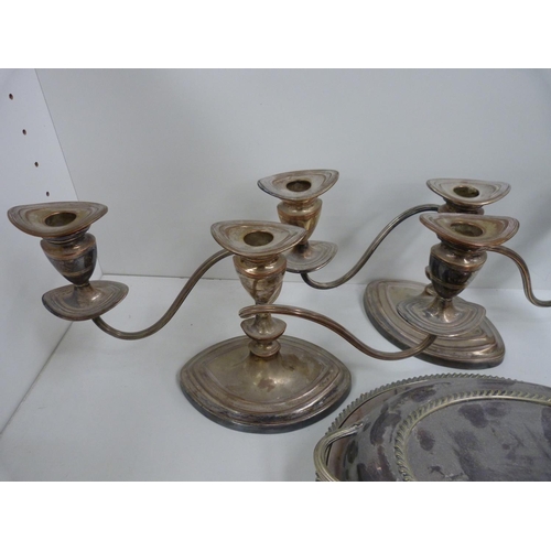 30 - Pair of three branch candelabra, entree dish and cover, sauce boat, fish knives and forks etc