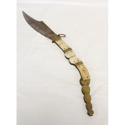 102 - Antique French Navaja folding fighting knife, the curved steel blade measuring 27.5cm with brass and... 