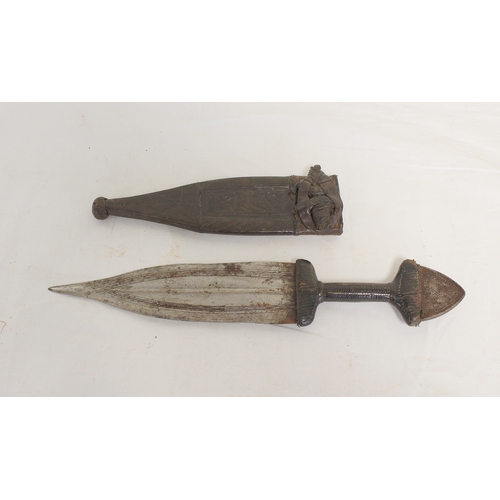 115 - Two antique Sudanese arm knives both of leaf form and with original leather scabbards. The smallest ... 