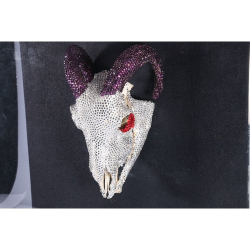 297 - ELAINE FORREST, Swarovski crystal covered sheep skull in Perspex box mount, 56cm x 61cm