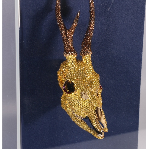 298 - ELAINE FORREST, Swarovski crystal covered deer skull in Perspex box mount, 50cm x 41cm