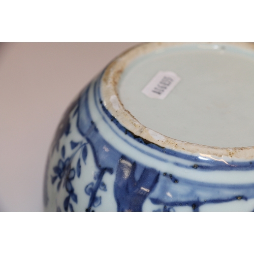 339 - Chinese 19th Century blue and white brush pot depicting a fisherman by a river in a mountainous land... 