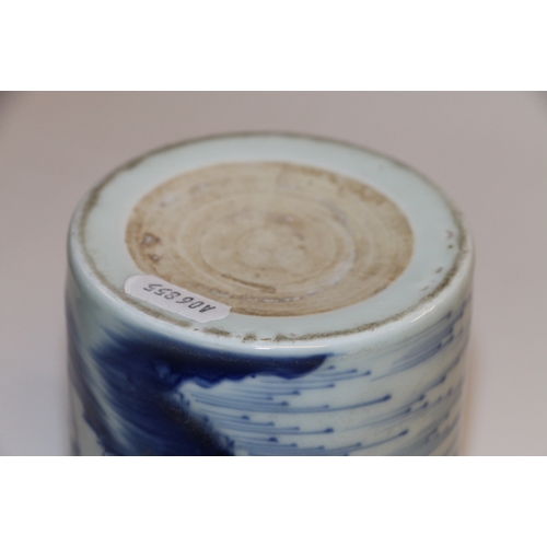 339 - Chinese 19th Century blue and white brush pot depicting a fisherman by a river in a mountainous land... 