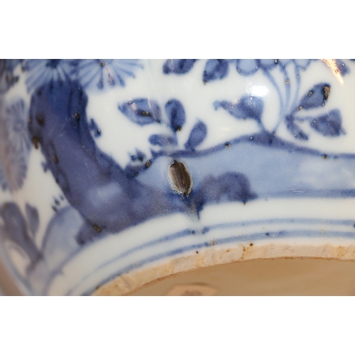 339 - Chinese 19th Century blue and white brush pot depicting a fisherman by a river in a mountainous land... 