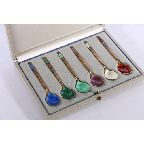 65 - Set of six Danish silver gilt and guilloche enamel coffee spoons, makers mark RCP LD and retailer ma... 