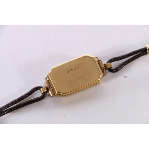 80A - 18ct gold cased cocktail watch in the Art Deco manner on brown leather bracelet 15g gross