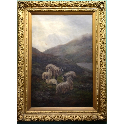 200 - J MUNRO, Sheep in a Highland landscape, Signed and dated 1877 oil on canvas 91cm x 60cm, within attr... 