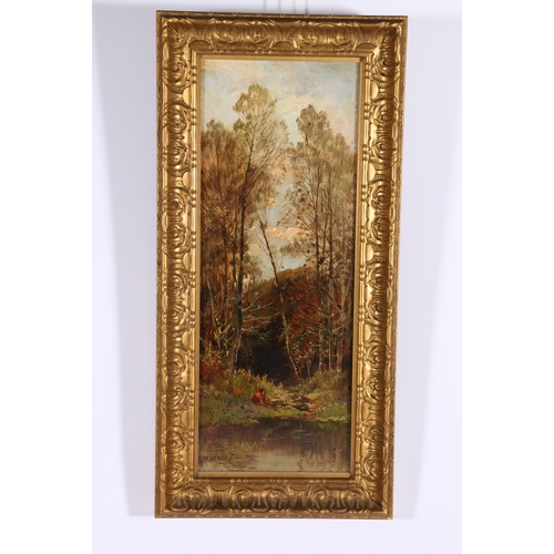 209 - BENJAMIN WILLIAMS LEADER (British 1831-1923), Woodland scene with figure, Signed oil, 39cm x 14cm... 