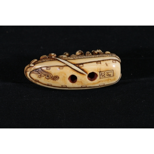 353 - Carved ivory netsuke of voyagers in a boat, with two oarsmen, the underside with wave decorations, s... 