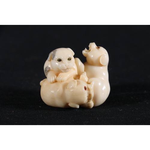 363 - Finely carved ivory okimono of three quarrelling puppies, one biting the others tail, inlaid eyes an... 