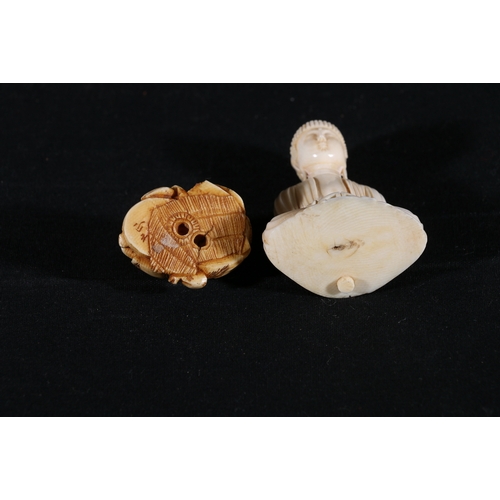 406 - A carved ivory seated Buddha figure, 6cm and a small netsuke depicting a man grinding rice, 3.5cm (2... 