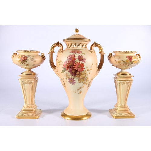 263 - Royal Worcester blush ivory porcelain twin handled urn vase vase and cover with pierced collar and h... 