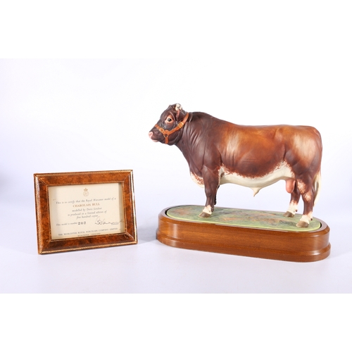 264 - Royal Worcester porcelain model of a Dairy Shorthorn Bull modelled by Doris Lindner on wooden plinth... 