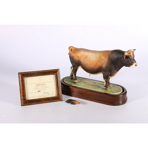 266 - Royal Worcester porcelain model of a Jersey Bull modelled by Doris Lindner on wooden plinth base wit... 