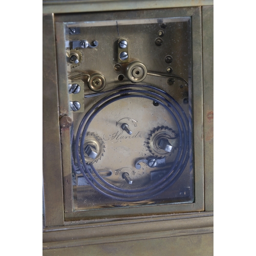 301 - Antique French repeater carriage clock, the white enamel dial with Roman and Arabic numerals and sub... 