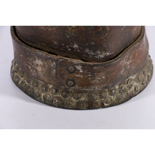 312 - Antique leather fire bucket with British Coat of Arms, 35cm tall