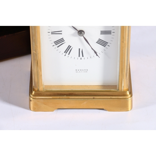 332 - Edward of Glasgow brass carriage clock, 18cm tall with leather carrying case