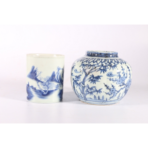 339 - Chinese 19th Century blue and white brush pot depicting a fisherman by a river in a mountainous land... 