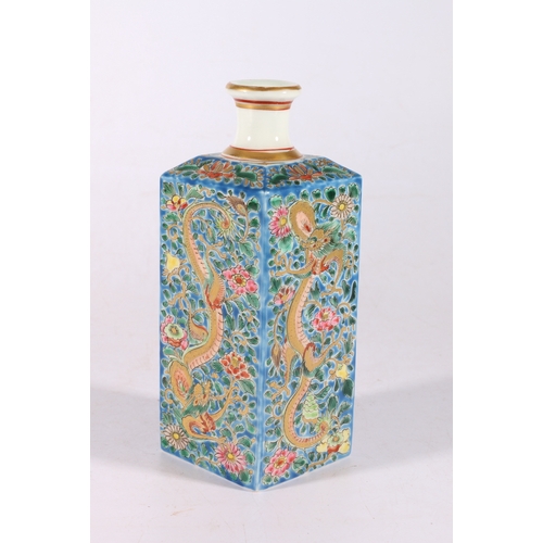 374 - Chinese late 19th Century or early 20th Century tea bottle of square section, the blue ground with a... 