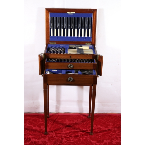 427 - Walker and Hall comprehensive two drawer canteen of cutlery in mahogany case raised on tapering squa... 