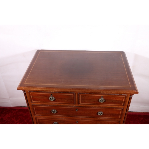 428 - Victorian mahogany and inlaid small chest of two short over three long drawers, the shaped pillar co... 