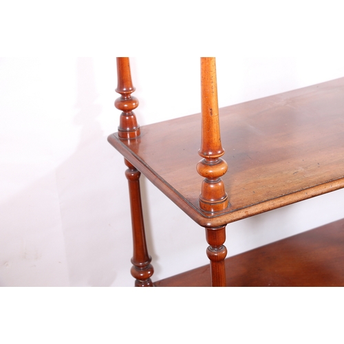 436 - Victorian mahogany three tier buffet table with gallery back, raised on turn supports and brass cope... 