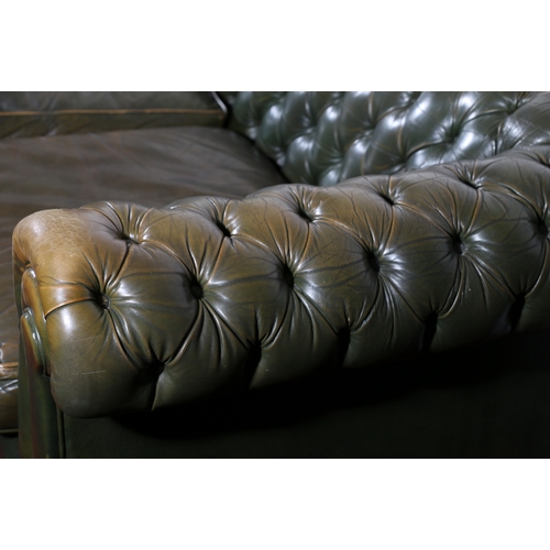 438 - Chesterfield button back three seater sofa upholstered in green leather. 235cm wide 85cm deep. Seat ... 