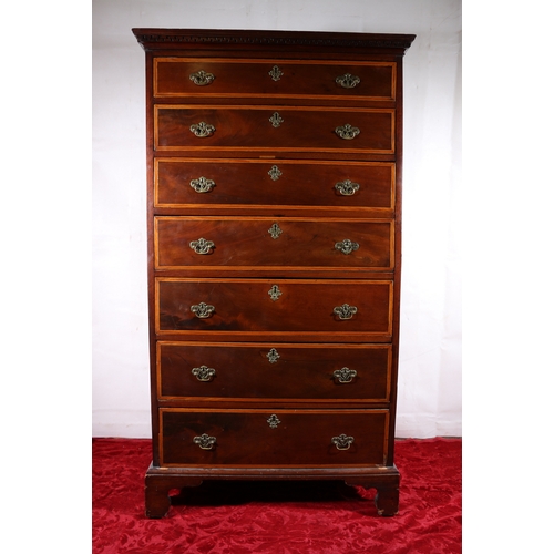 445 - Victorian mahogany inlaid seven graduated drawer chest with Greek key cornice, raised on bracket sup... 