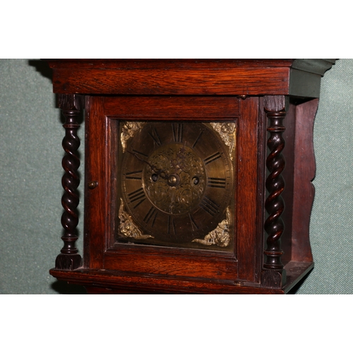 449 - 18th Century style oak cased grandmother clock, the brass dial with Roman numeral chapter ring.