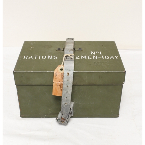 145 - British WW2 P60 25 pounder ammunition box dated 1943, 1956 British Army two man ration tin and two d... 