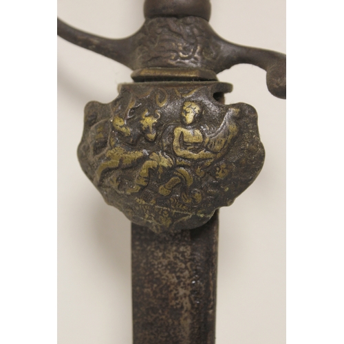 157 - Antique hunting sword, possibly German, with 55cm blade with ebony handle and hunting scene cross gu... 