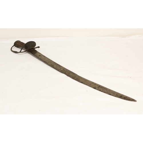 157 - Antique hunting sword, possibly German, with 55cm blade with ebony handle and hunting scene cross gu... 