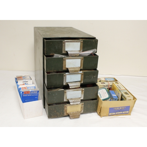 345 - Storage shelves & two other boxes of model railway parts to include electrical components and en... 