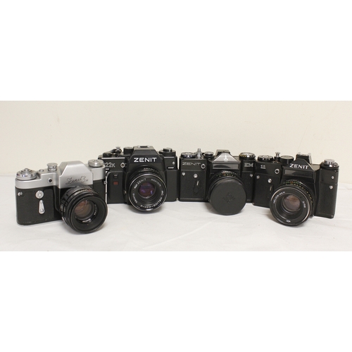 374 - Four vintage Zenit cameras to include EM Olympic edition with Helios-44M F2 58mm M42 lens and a Zeni... 