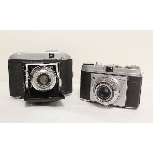 380 - Box of vintage cameras to include a Carl Zeiss Ikon with leather case and a German Bilora Bella and ... 