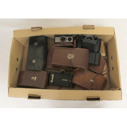 382 - Box of vintage plate cameras etc. to include Agifold Agilux F4.5, No.1 pocket Kodak and Nettar foldi... 