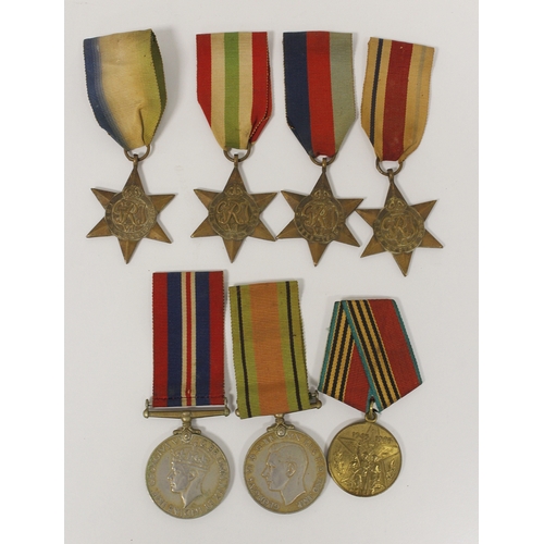 80 - Medals. (7) WW II group. 1939-45, Atlantic, Africa, Italy Stars, War & Defence Medals. Also Russ... 