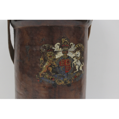 139 - Antique leather fire bucket with British coat of arms and motto DIEU ET MON DROIT stamped to undersi... 