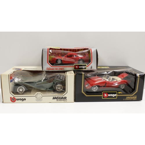 281 - 3 Burago diecast model vehicles including 3016 Jaguar E Cabriolet 1961, 3006 Jaguar SS100 1937, 532 ... 