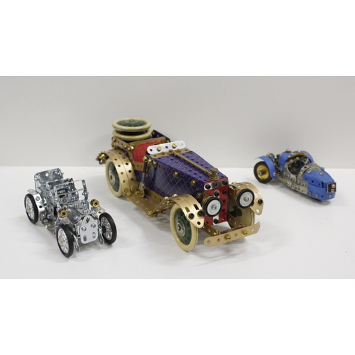 297 - Meccano constructed model cars including a 1930's style sports car, a three-wheeled sports car, Silv... 