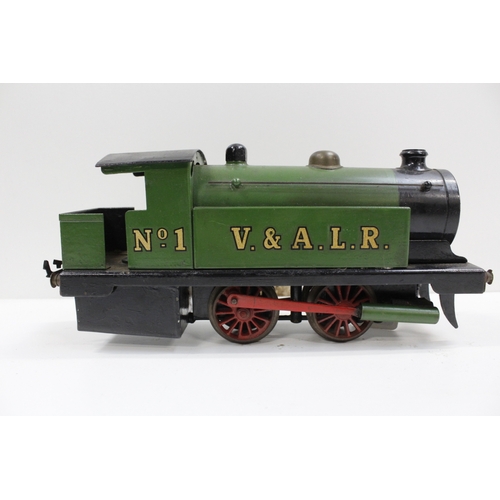 308 - Unattributed O gauge 0-4-0 model steam locomotive, V&ALR No:1 green, 27cm long