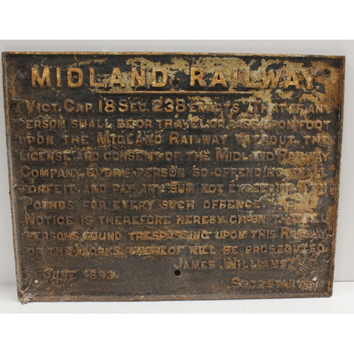 319 - Railwayana interest, a cast metal wall sign for the Midland Railway warning against trespassing and ... 