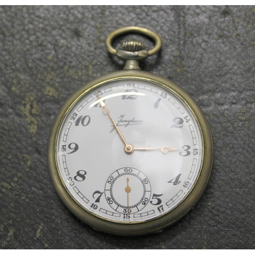 654 - 1920's Junghans open face pocket watch with sunken sub second dial in white metal case.